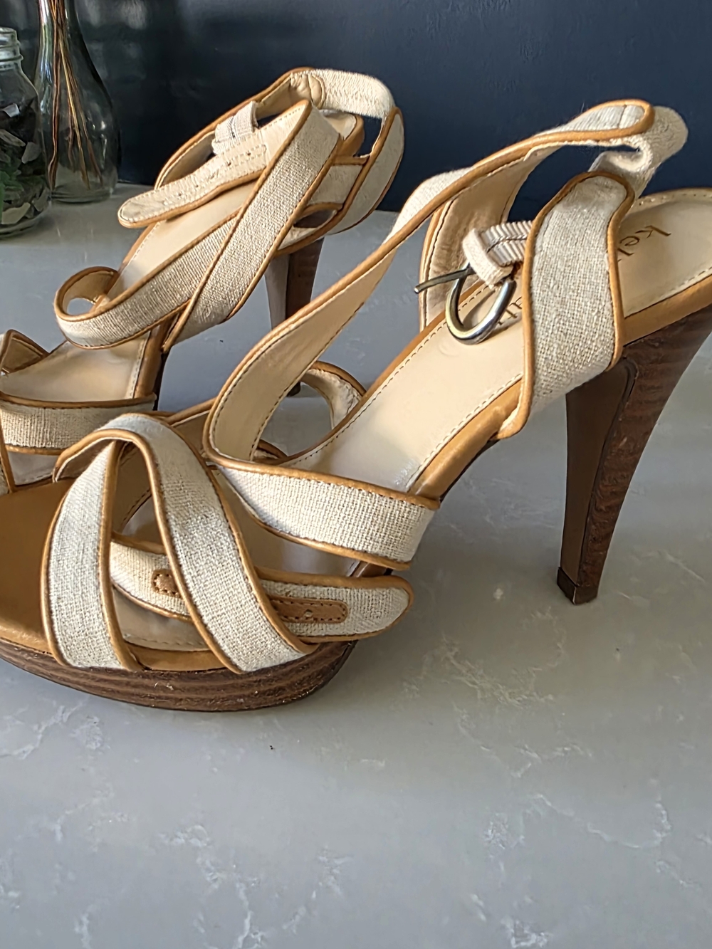 Kelly & Katie Cream and Tan Strappy Platform Sandals - Picture 3 of 5